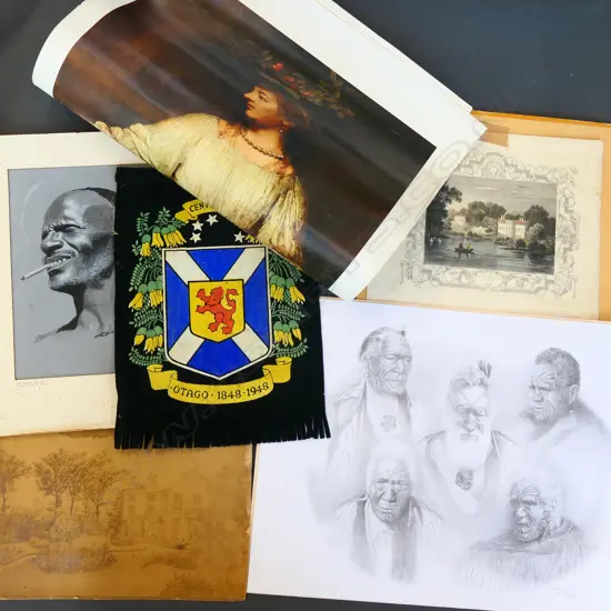 SKETCHES & PRINTS INCL D FERRIS OKU TUPUNA & MICHAELANGELO + OTAGO 1948 CENTENNIAL PENNANT