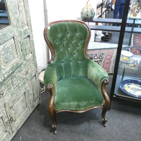 VICTORIAN MAHOGANY BUTTON BACK GRANDFATHER CHAIR