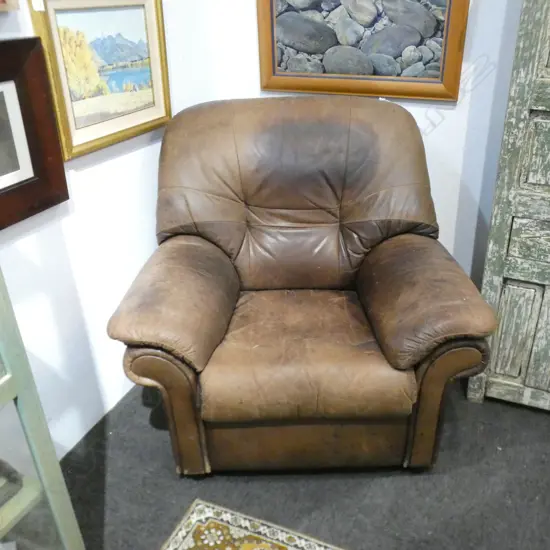 OLD LEATHER ARM CHAIR MARKED A.F