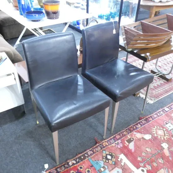 PR OF ITALIAN BLACK LEATHER & ALUMINIUM DINING CHAIRS