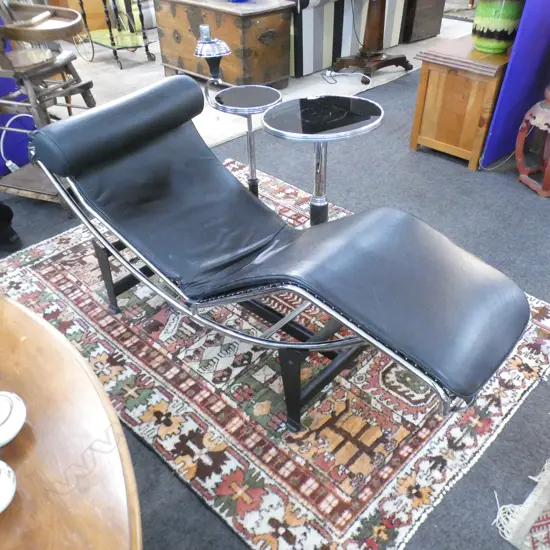 LE CORBUSIER STYLE CHROME & BLACK LEATHER CHAISE LOUNGE, L.1650mm
