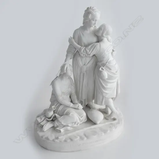 A Minton parian figural group; Naomi and her Daughters in Law; circa 1865. Depicting the biblical characters of Naomi Ruth and Oprah; titled to the front of the base. Impressed Minton to base along with a date mark. Minor losses; urn top