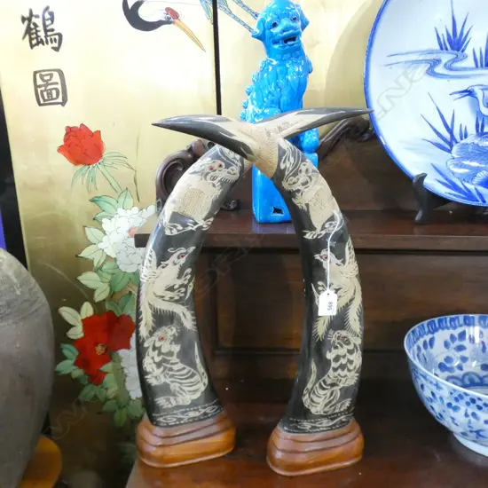 PR INLAID / ENGRAVED BUFFALO HORNS ON WOODEN STANDS H 480MM