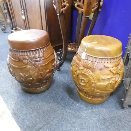 PR ORIENTAL CARVED WOODEN STORAGE STOOLS H.420mm