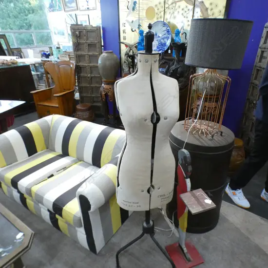 VINTAGE 'CHILDAW' DRESS MAKER'S DUMMY. ADJUSTABLE METAL TRIPOD BASE