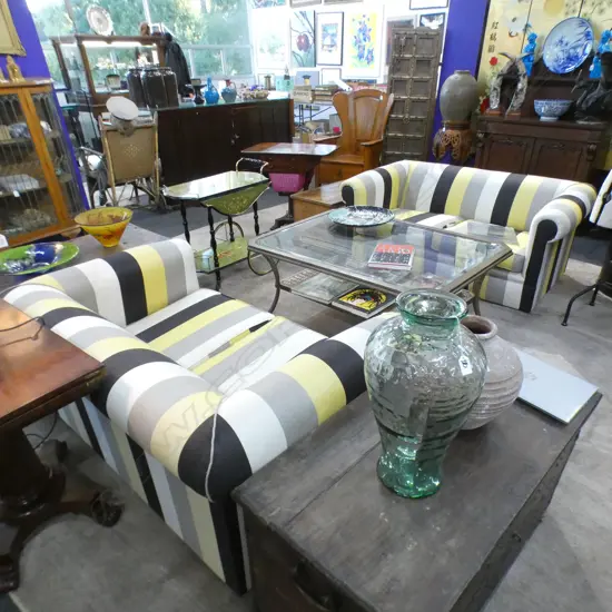 PAIR OF STRIPED TWO SEATER COUCHES