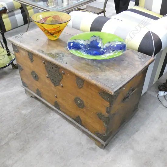 OLD INDIAN STORAGE BOX WITH CUT BRASS DECORATION 1000 X 510 X 600
