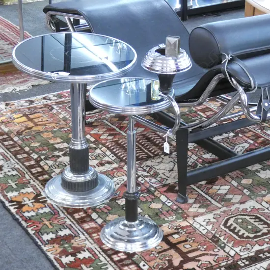 DECO CHROME & BLACK GLASS SIDE TABLE w. CIGARETTE HOLDER