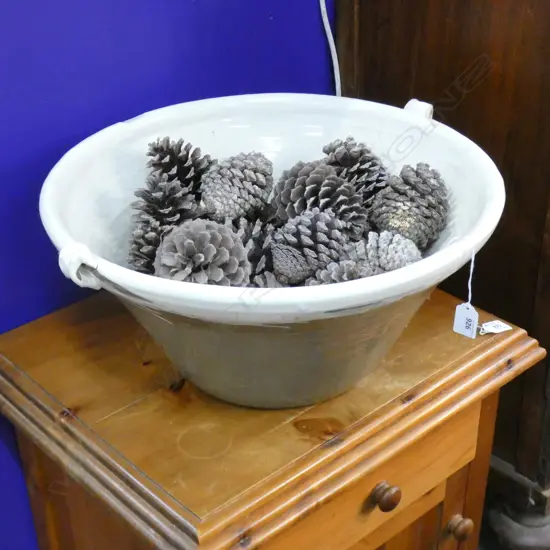 LARGE WHITE POTTERY BOWL w. PINECONES 490mm dia
