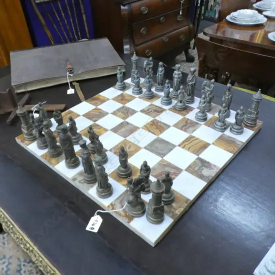 VENETIAN CHESS SET w ONYX & MARBLE BOARD (2 HEADS REPAIRED)