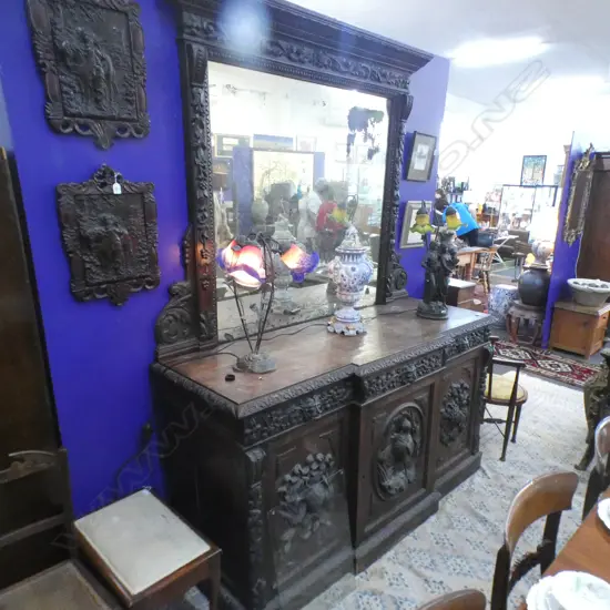 VICTORIAN OAK HEAVILY CARVED MIRROR BACK SIDEBOARD Requires attention 1840 x 650 x 2450mm