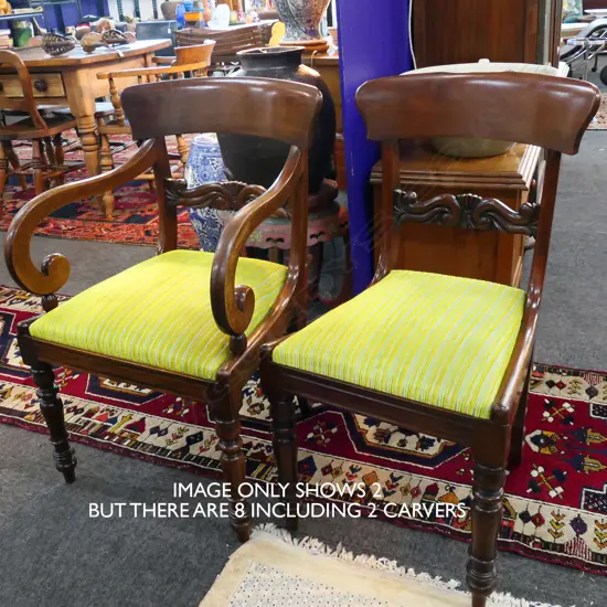 EIGHT REGENCY MAHOGANY BAR BACK CHAIRS - 2 CARVERS