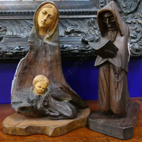 2 CARVED WOODEN RELIGIOUS FIGURES - TALLEST H 265MM