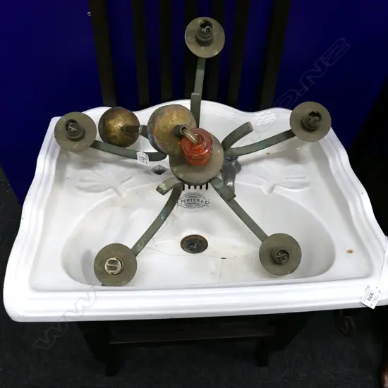 OLD 'PORTER & CO AUCKLAND' CHINA SINK A.F + LIGHT FITTING