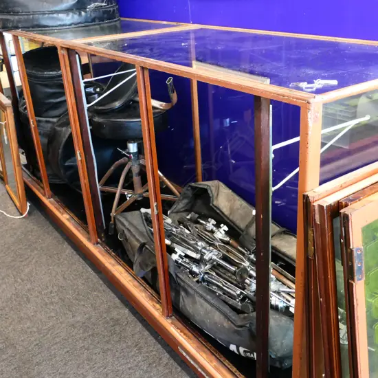 OLD SHOP CABINET WITH 4 GLAZED DOORS