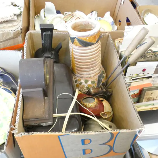 BOX HMV RADIO 2 CLOCKS. VASE. METER. ETC