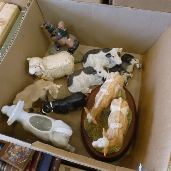 SM BOX ASST COW FIGURINES INCL JUG + SHEEP SUGAR BOWL + HORSE FIGURE 