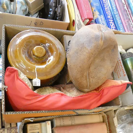 OLD CEYLON TEA BOX. CROCK. RUGBY BALL. CUSHION