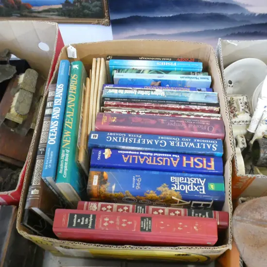 BOX LOT BOOKS; FISHING, BIRDS, KINGS COLLEGE ETC