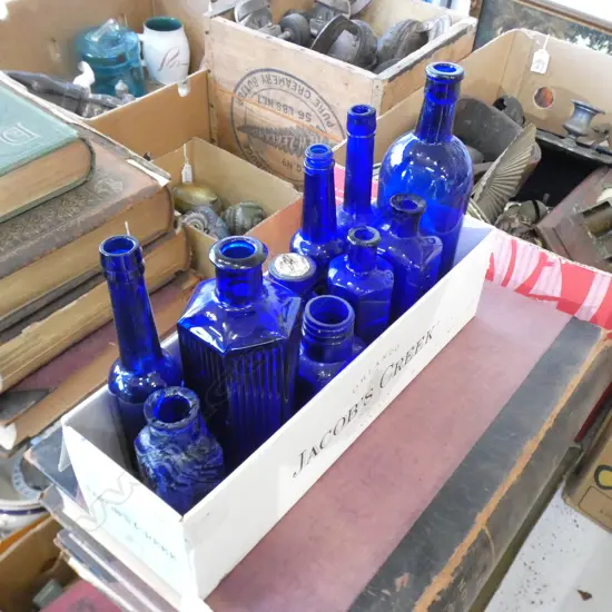 BOX LOT BLUE GLASS BOTTLES
