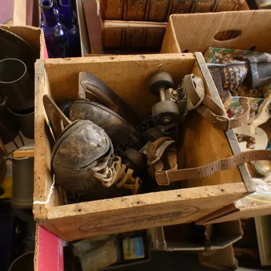 BOX OLD ICE SKATES + ROLLER BLADES + SPIKED RUNNING SHOES