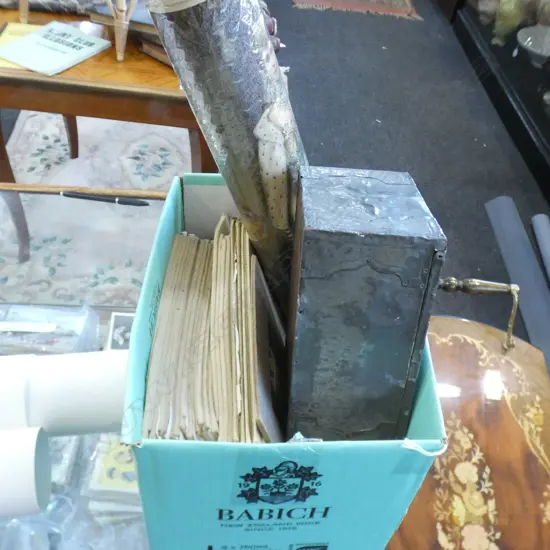 BOX LOT ROYAL MEMORABLIA INCL. SILK PRINTS + PEWTER BOX