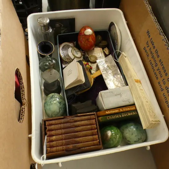 BOX LOT MINIATURE ITEMS; MARBLE EGGS ETC