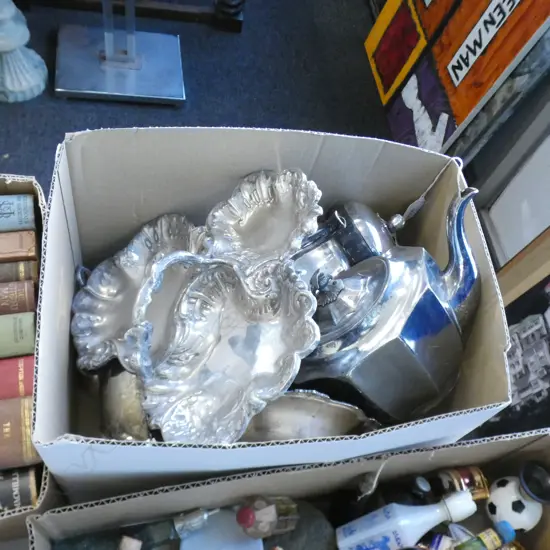 BOX ASST SILVER PLATE INCL TEAPOT / COFFEE POT ETC..