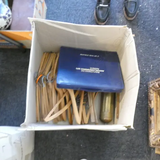 BOX NAMED OLD WOODEN COAT HANGERS + BRASS EXTINGUISHER + HOBSON BOOK