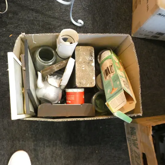 BOX OLD LABELLED TINS. S/PLATE HOTEL WARE JARS. TOASTER ETC