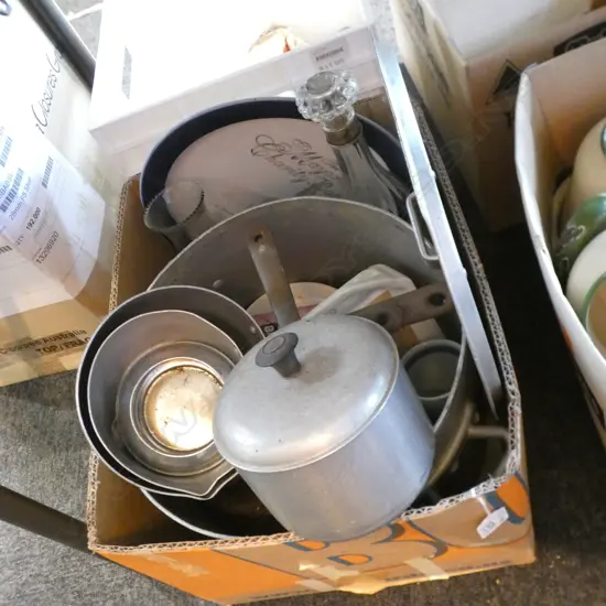 BOX POTTERY. CROCKERY. POTS. GLASS DECANTER ETC