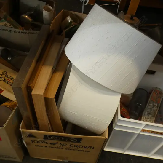 BOX LOT FRAMES, CUTTING BOARD, 2 WHITE RAW SILK LAMP SHADES 
