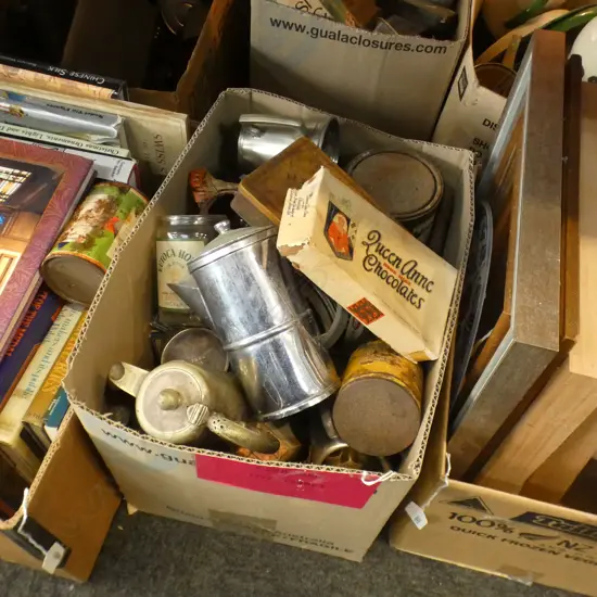 BOX OLD LABELLED TINS. S/PLATE HOTEL WARE ETC