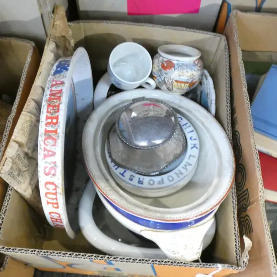 BOX ASST CHINA. CROCKERY. CHILDS & SHIPPING. S/PLATE BOX ETC