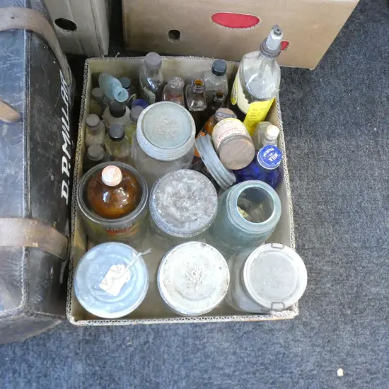 BOX OLD BOTTLES. JARS. SOME W LABELS