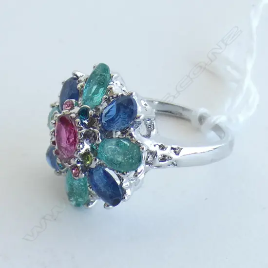SILVER COLOURED & COLOURED STONE CLUSTER RING