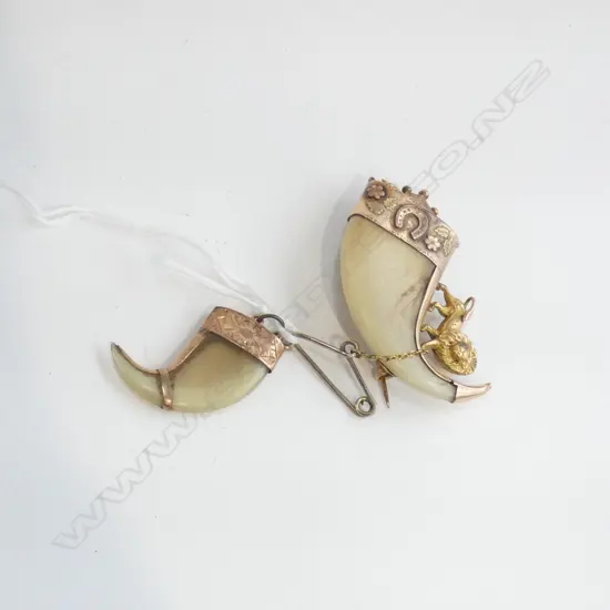 2 ANTIQUE 9CT GOLD TIGERS CLAW JEWELLERY PCES. BROOCH + PENDANT