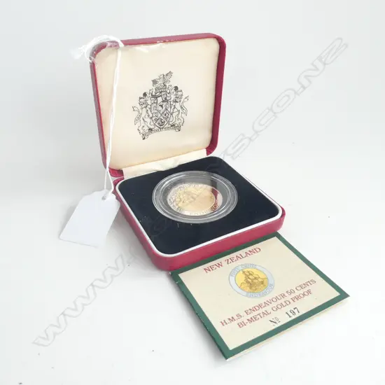 HMS ENDEAVOUR 50c BI-METAL GOLD PROOF COIN 197/500 9CT WHITE GOLD/22CT YELLOW GOLD