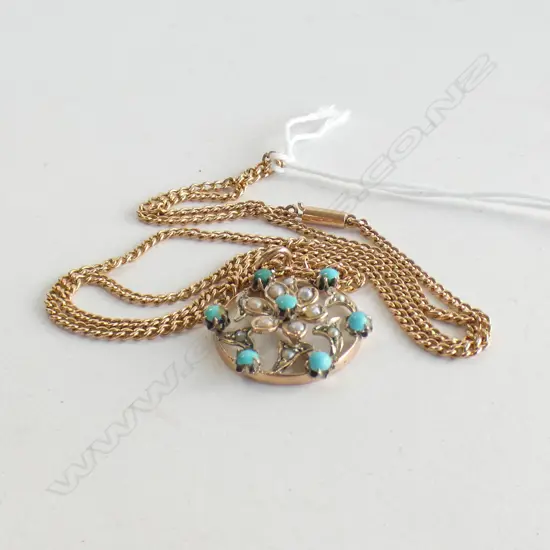 EDW 9CT GOLD TURQUOISE & SEED PEARL PENDANT 9CT CHAIN 9gms