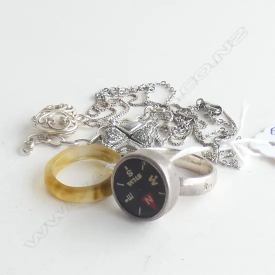 PR NECKLACES INCL 1 STG SILVER HEART, STG SILVER COMPASS RING & AMBER STONE RING