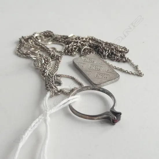 5gm SILVER PENDANT & CHAIN/2 SILVER CHAINS/SILVER & GARNET RING