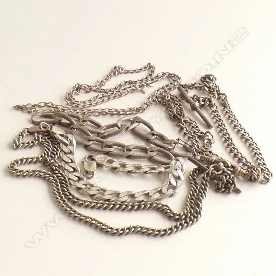 5 STG SILVER CHAINS; INCL. 2 FOB, 1 LONG CHAIN, 2 LINK BRACELETS 92 GRAMS