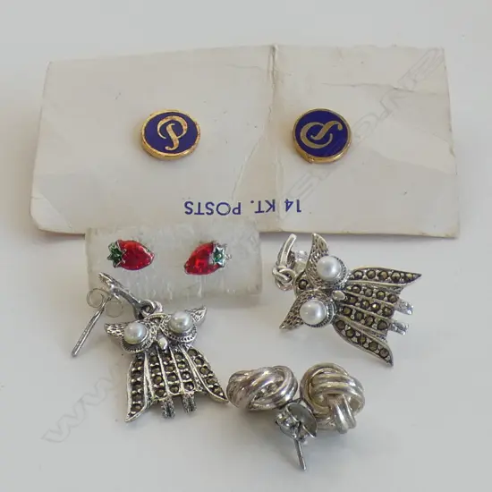 SILVER OWL & MARCASITE EARRINGS PLUS THREE OTHER PAIRS OF EARRINGS