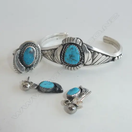 AMERICAN INDIAN NAVAJO STERLING CUFF, RING AND EARRINGS.