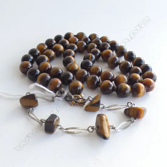 TIGERS EYE STONE NECKLACE, BRACELET & 3/4 HOOP EARRINGS 