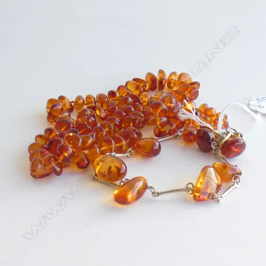 AMBER BEAD NECKLACE, BRACELET & PR CLIP EARRINGS 