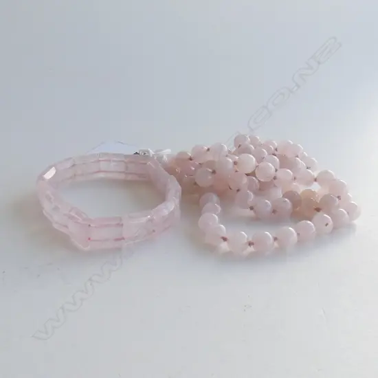 ROSE QUARTZ BEAD NECKLACE & SQUARE CUT BRACELET