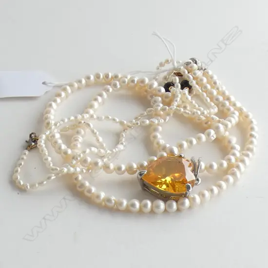 SEED PEARL NECKLACE & BRACELET & SINGLE STRAND PEARL NECKLACE W AMBER GLASS HEART PENDANT