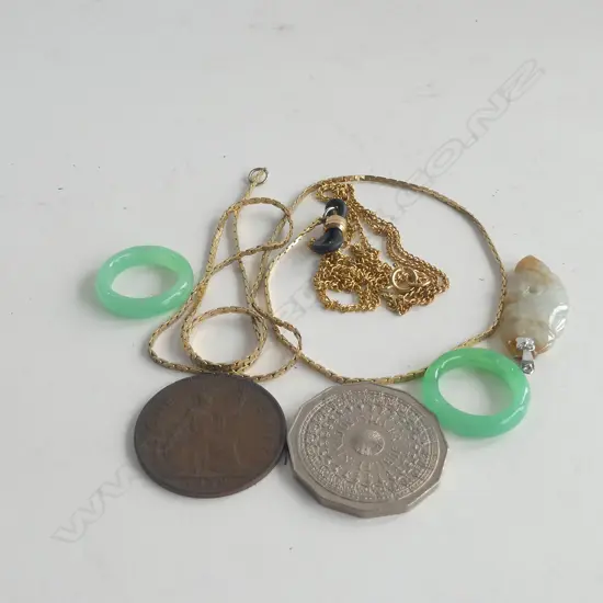 JUBILEE COIN/PENNY/2 GOLD METAL CHAINS/2 GLASS JADE RINGS/CARVED JADE PENDANT