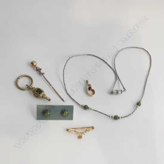 ASSTD 9CT GOLD/WATCH KEY/POUNAMU EARRINGS AND NECKLACE 3.57gm